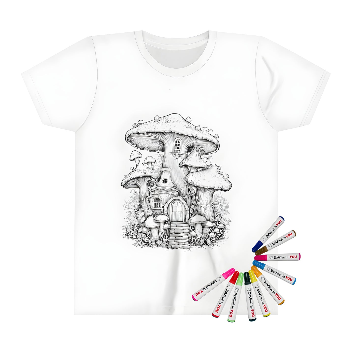 A detailed kids' t-shirt design featuring an enchanting mushroom house illustration