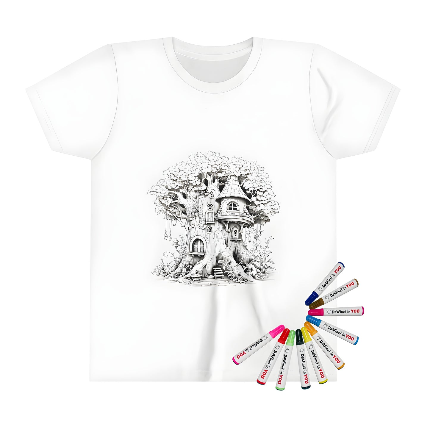 Coloring kit kid's t-shirt with whimsical door fairy castle illustration - child-friendly apparel art