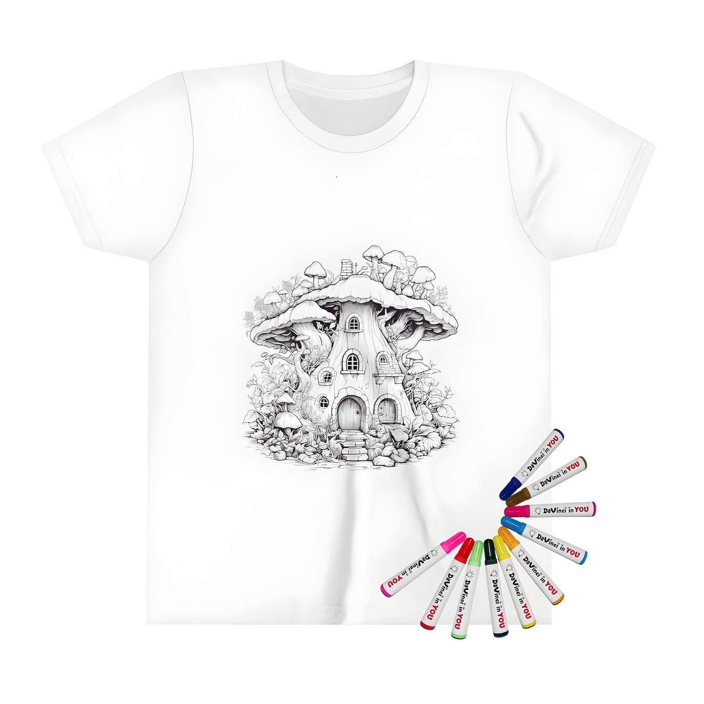 Kid's T-shirt featuring a detailed fantasy mushroom home illustration for kids to color with 10 vibrant fabric markers