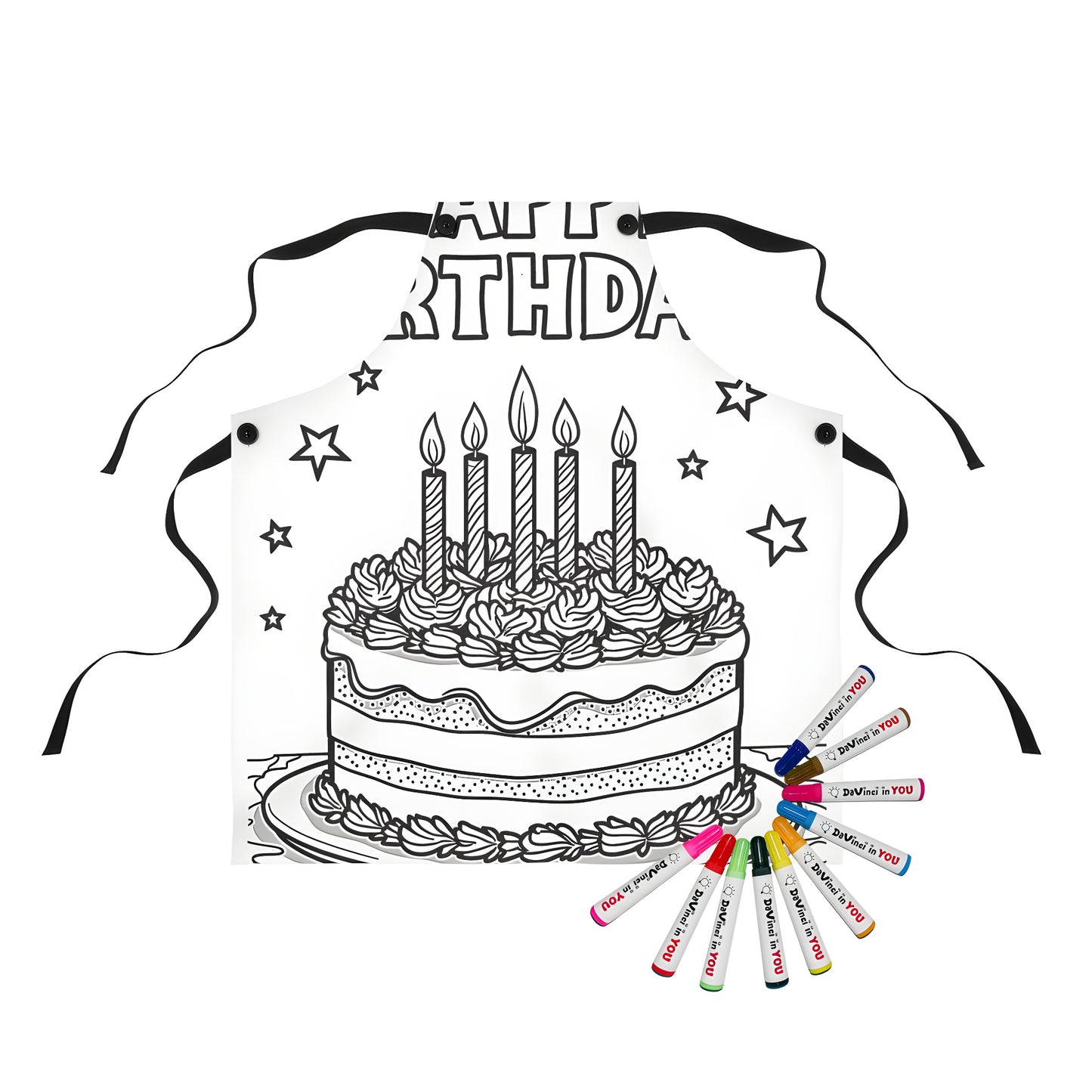 Aprons with birthday party designs, including cake with candles and 'Happy Birthday' text, ideal for kids and adults alike