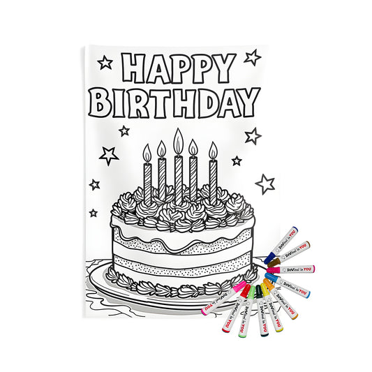 Indoor wall tapestry featuring a black and white birthday cake design with six candles and 'Happy Birthday' text above, surrounded by stars.