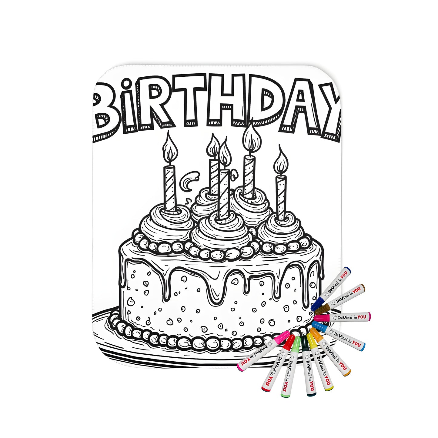 Birthday themed blanket with colorful illustrations of a cake with candles and balloons