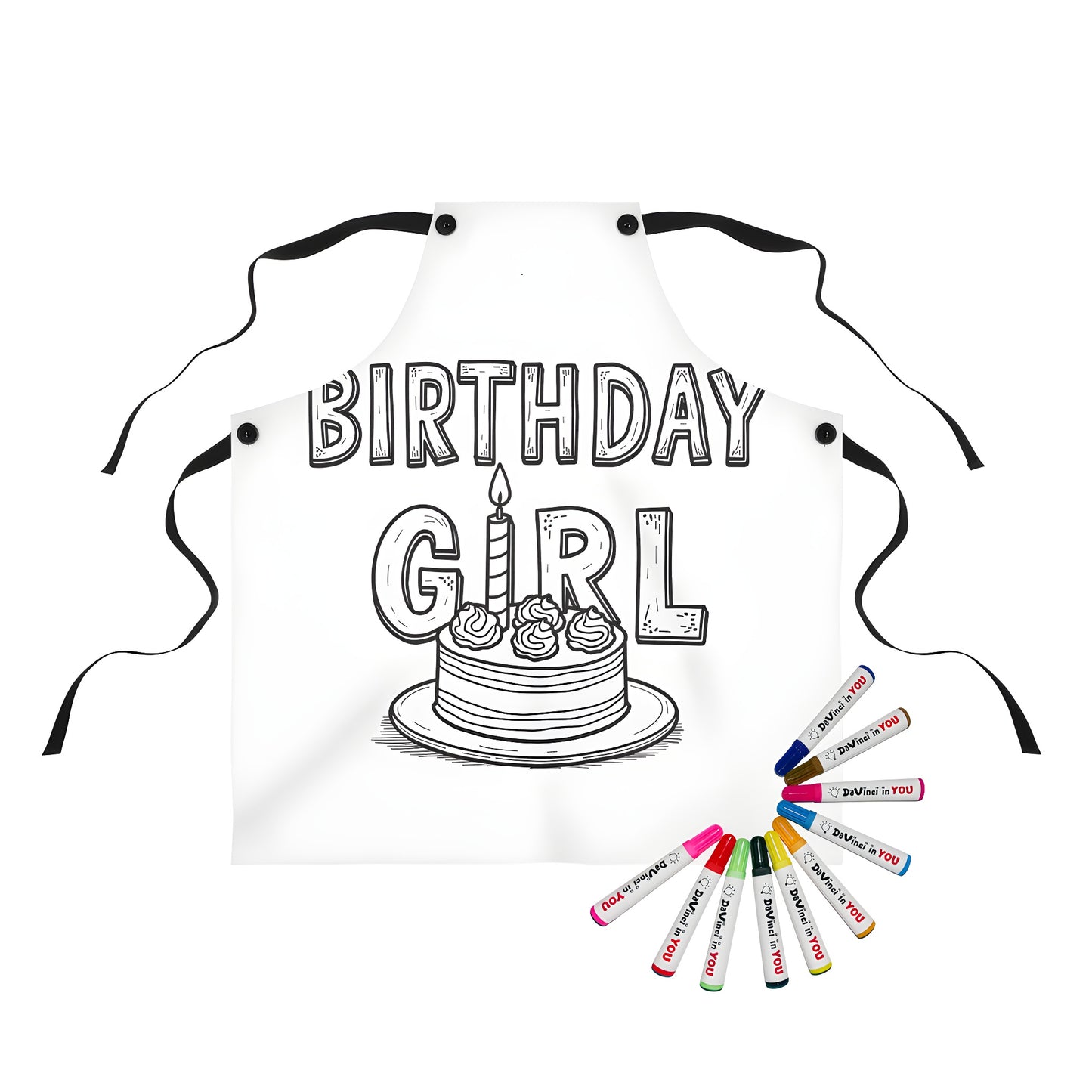 Colorful apron with hand-drawn illustration of birthday girl design, featuring birthday cake and lit candle