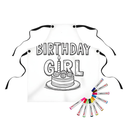 Colorful apron with hand-drawn illustration of birthday girl design, featuring birthday cake and lit candle