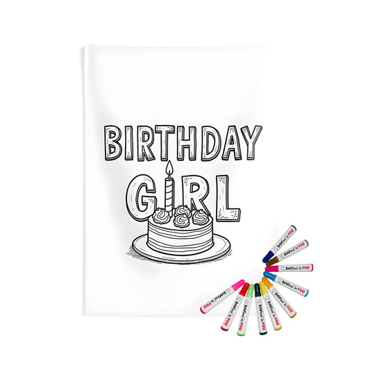 Beautifully designed indoor wall tapestries coloring kit with birthday girl theme, featuring vibrant fabric markers for a creative and unique decor