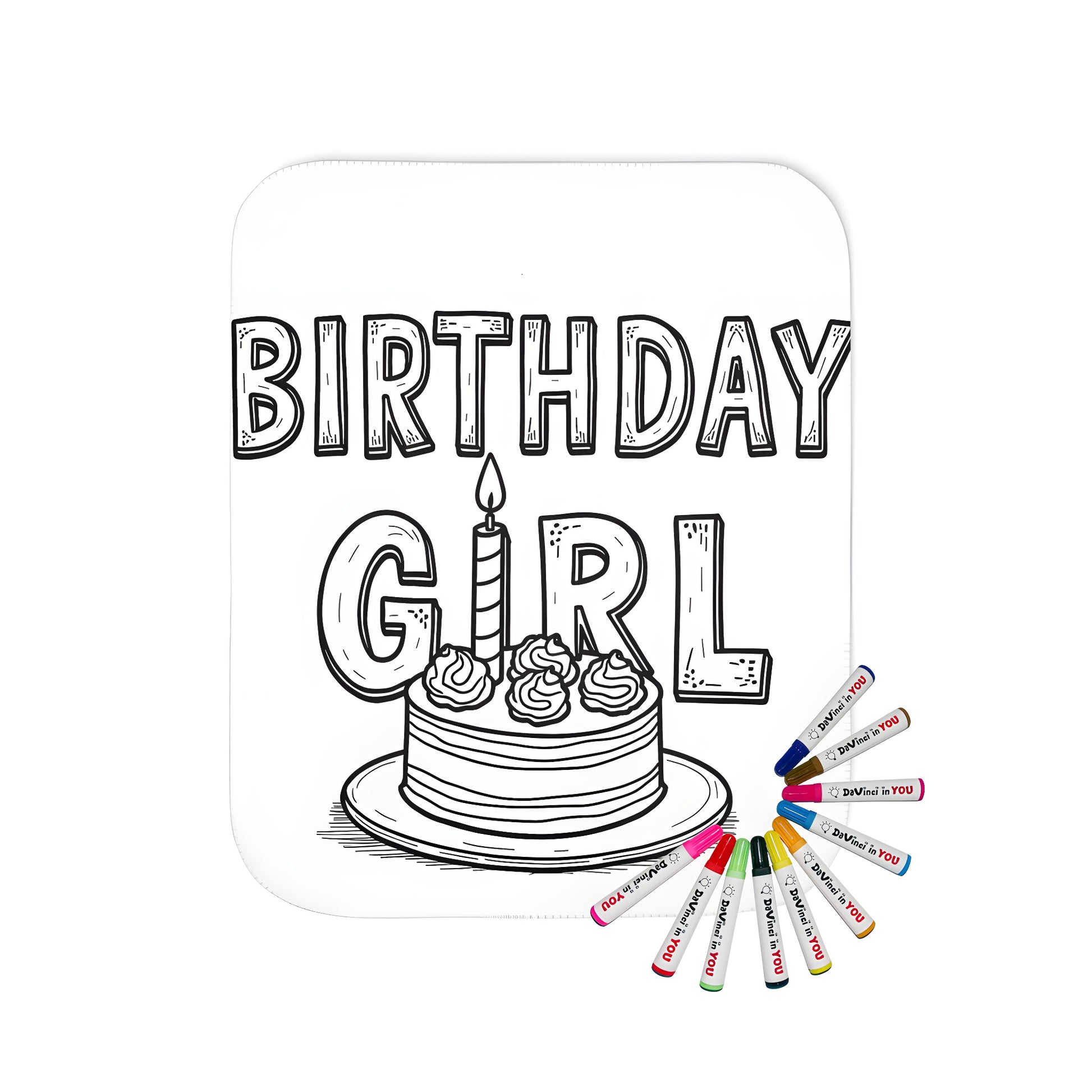 Colorful blanket with birthday girl design and birthday cake illustration