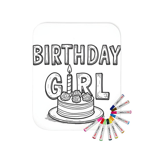 Colorful blanket with birthday girl design and birthday cake illustration