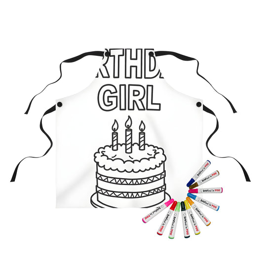 Coloring apron for kids with birthday theme, features simple line drawing of cake and text 'Birthday Girl'