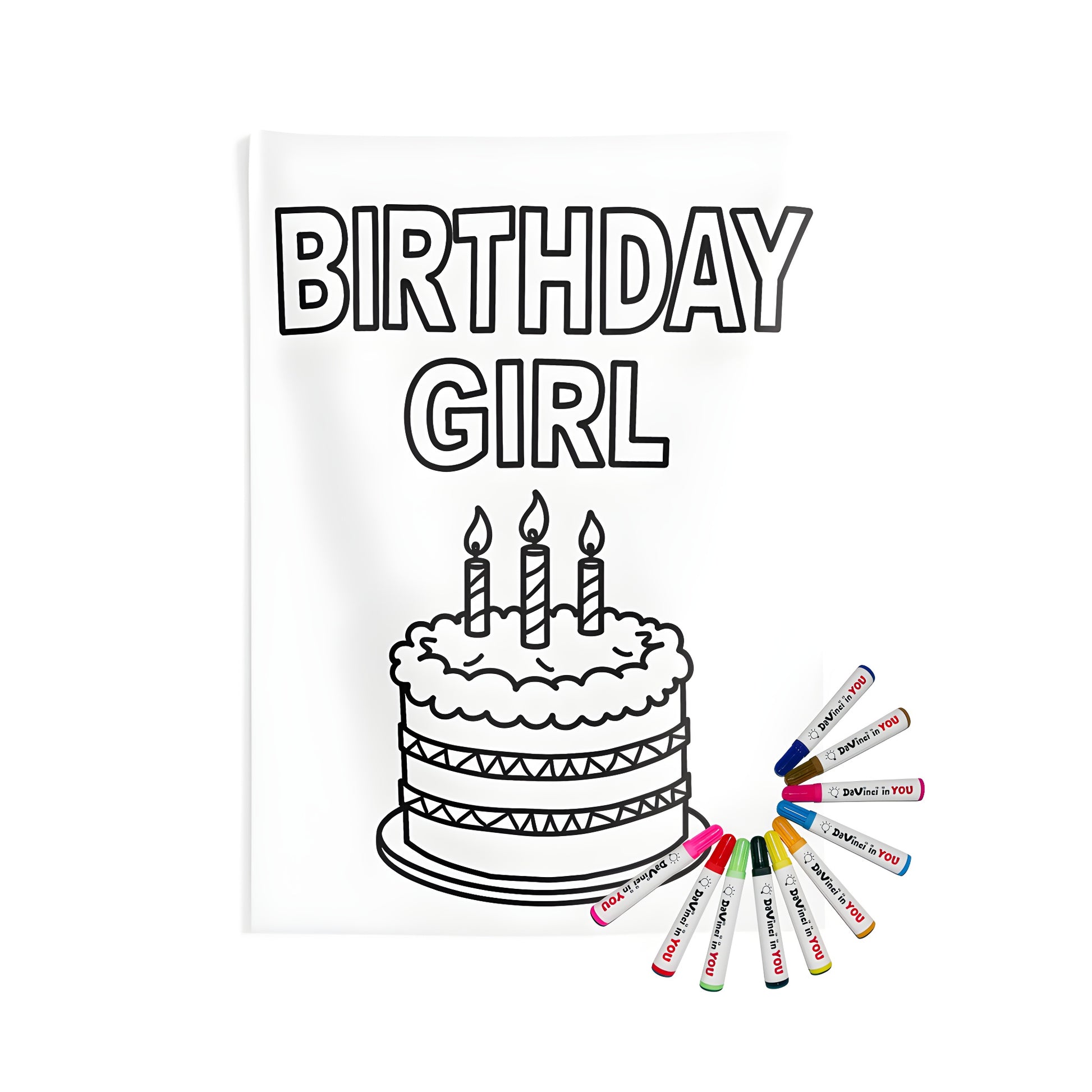 Indoor wall tapestry with birthday girl design, featuring simple line drawing of cake and candles