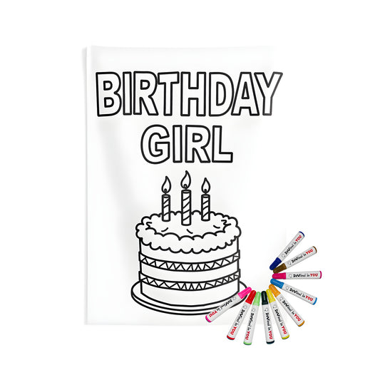 Indoor wall tapestry with birthday girl design, featuring simple line drawing of cake and candles