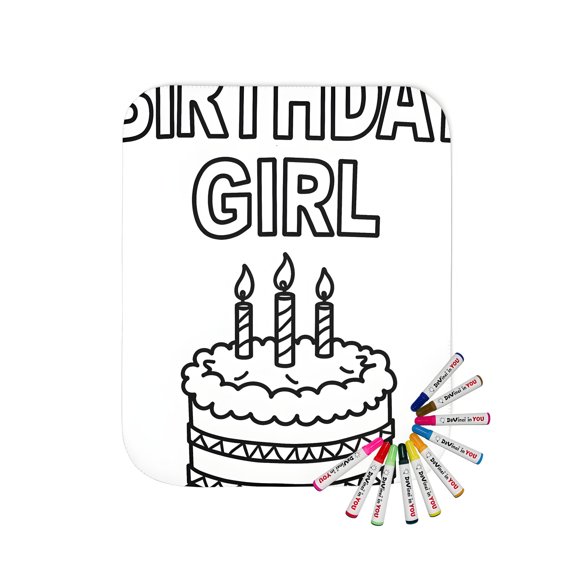 Blanket with birthday girl theme featuring simple line drawing of cake and candles