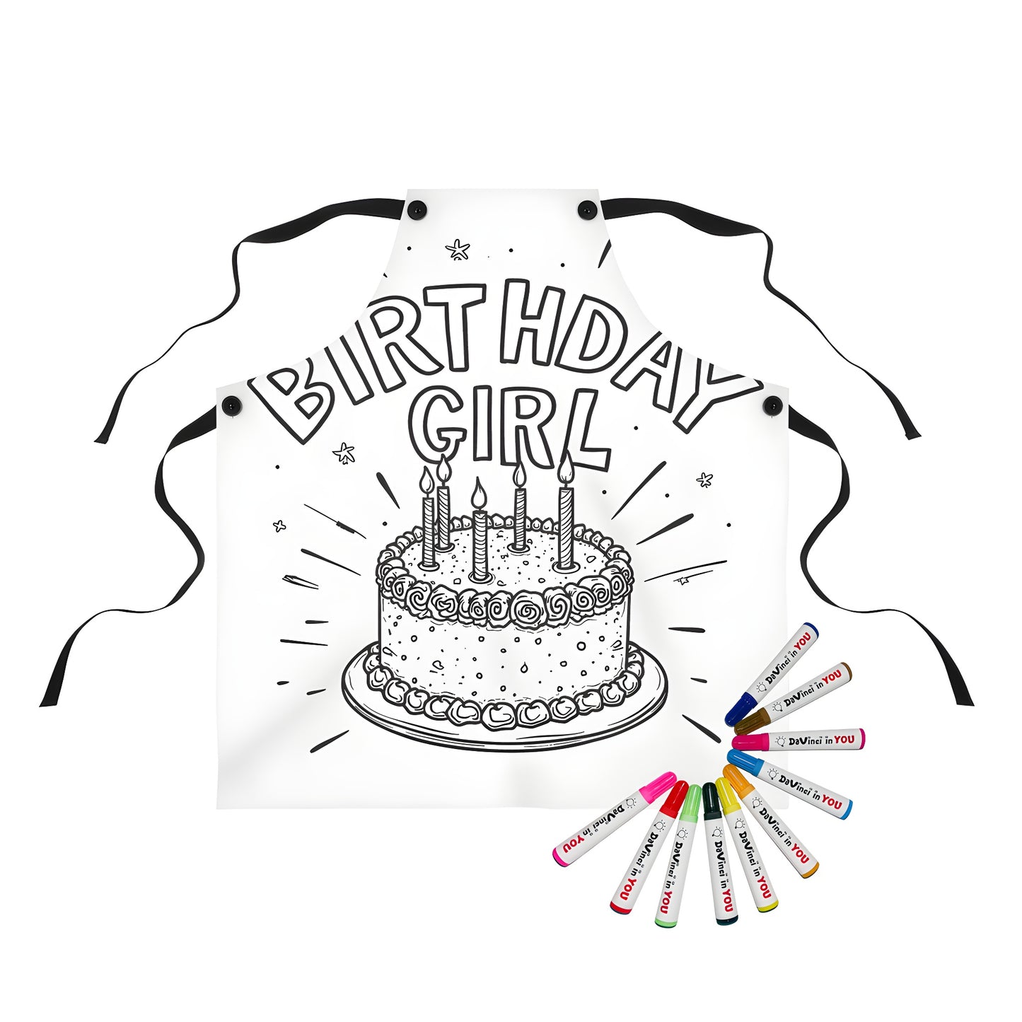 Aprons for kids coloring party featuring a whimsical birthday cake design with stars and candles