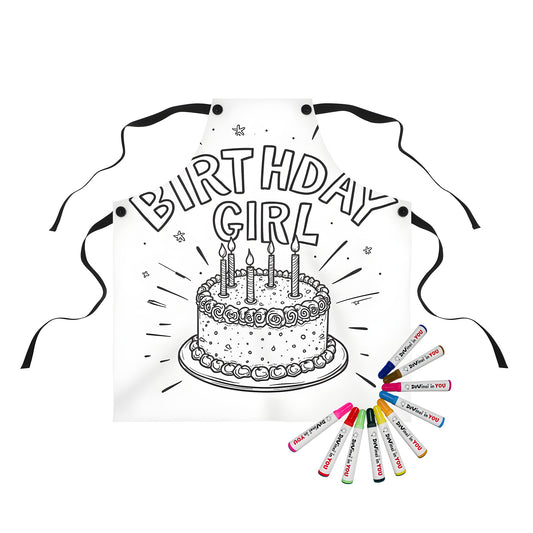 Aprons for kids coloring party featuring a whimsical birthday cake design with stars and candles