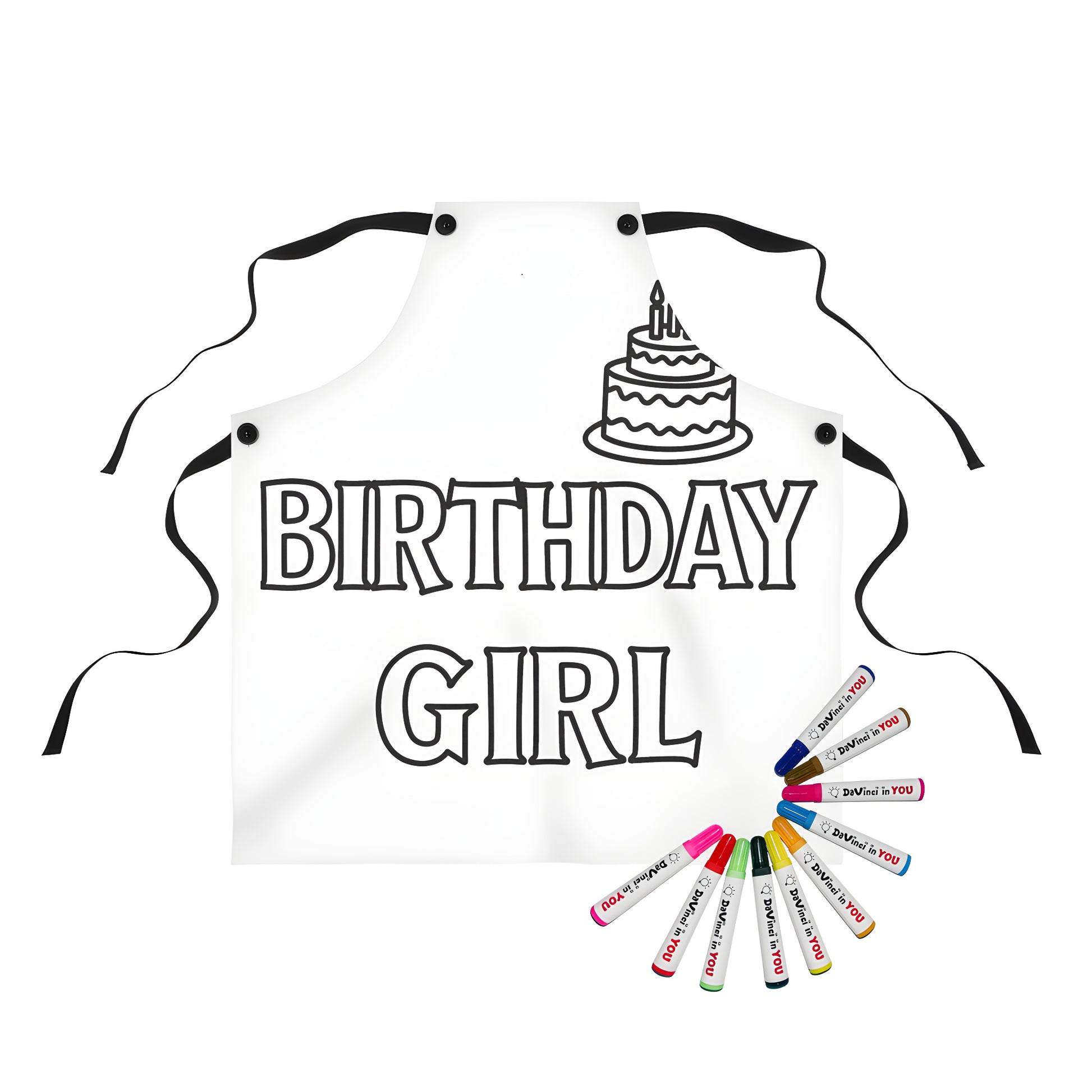 Birthday apron for kids and adults featuring a fun coloring page design of a birthday girl and cake