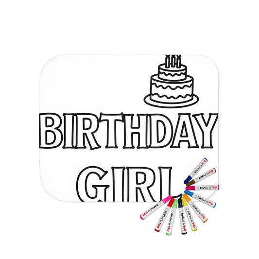 Birthday girl themed blanket for kids and adults, featuring a coloring page style design with 'BIRTHDAY GIRL' text and birthday cake illustration