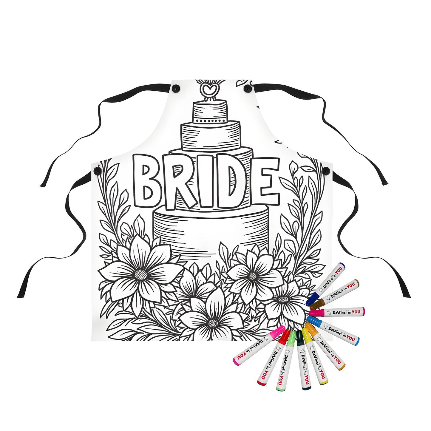 Coloring kit apron with bride wedding cake illustrations and fabric markers