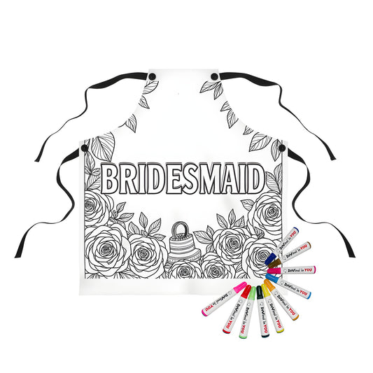 Coloring apron for bridesmaids, maid of honor dresses, or wedding party attire featuring black and white line art roses and cake design