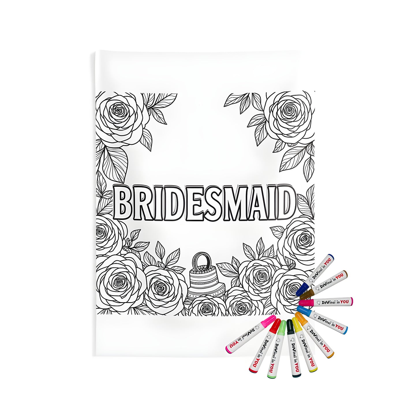 Indoor wall tapestry featuring a black and white line art design of a bridesmaid theme, surrounded by roses and a small cake