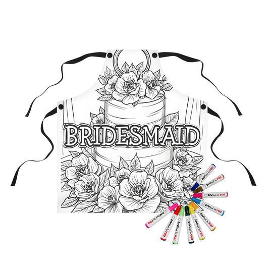 Coloring apron for bridesmaids with wedding cake illustration and flowers