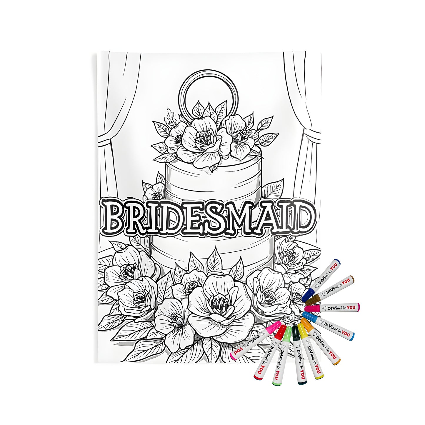 A beautiful indoor wall tapestry featuring a vintage-inspired black and white illustration of a wedding cake adorned with flowers, perfect for bridesmaids, maid of honor, flower girl or special someone