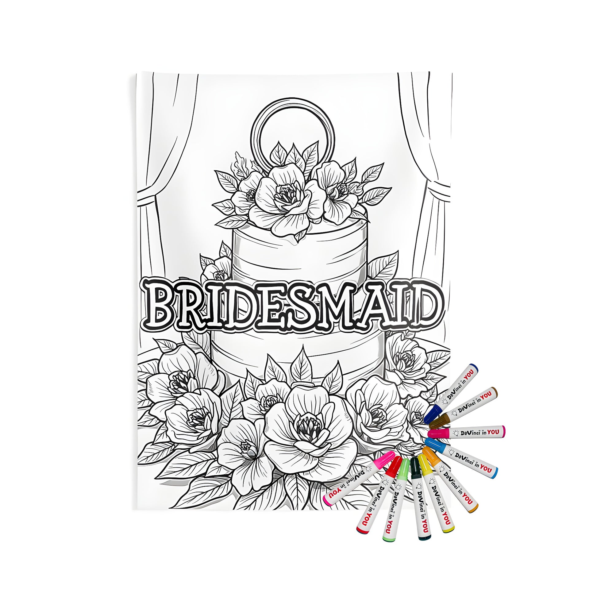 A beautiful indoor wall tapestry featuring a vintage-inspired black and white illustration of a wedding cake adorned with flowers, perfect for bridesmaids, maid of honor, flower girl or special someone