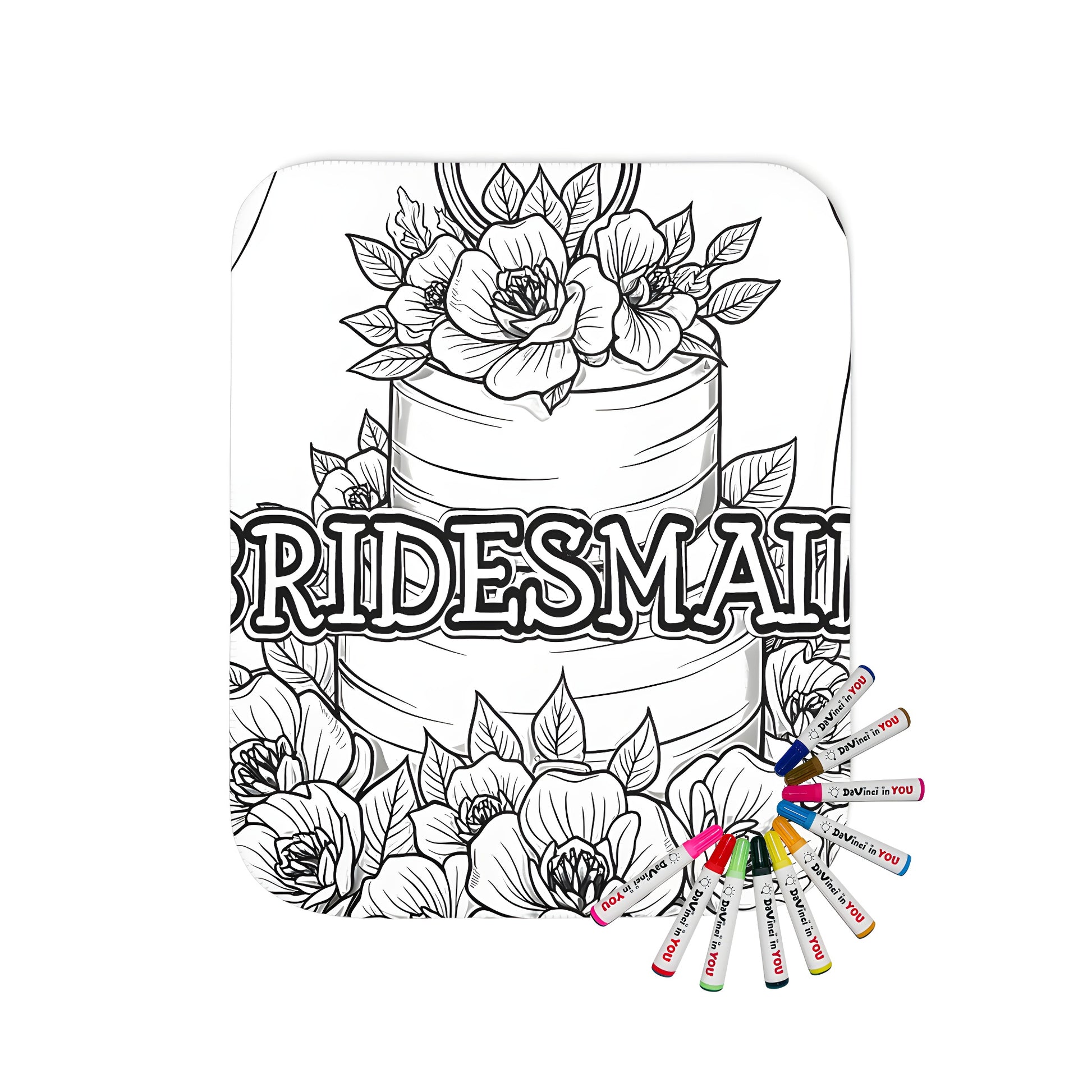 Cozy blanket featuring a whimsical black and white illustration of a wedding cake with flowers, perfect for bridesmaids, maid of honor, or special occasion decor. Includes 10 vibrant fabric markers for creative coloring