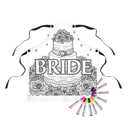 Wedding cake coloring page apron design with bride cake theme, features black and white floral decorations and stars