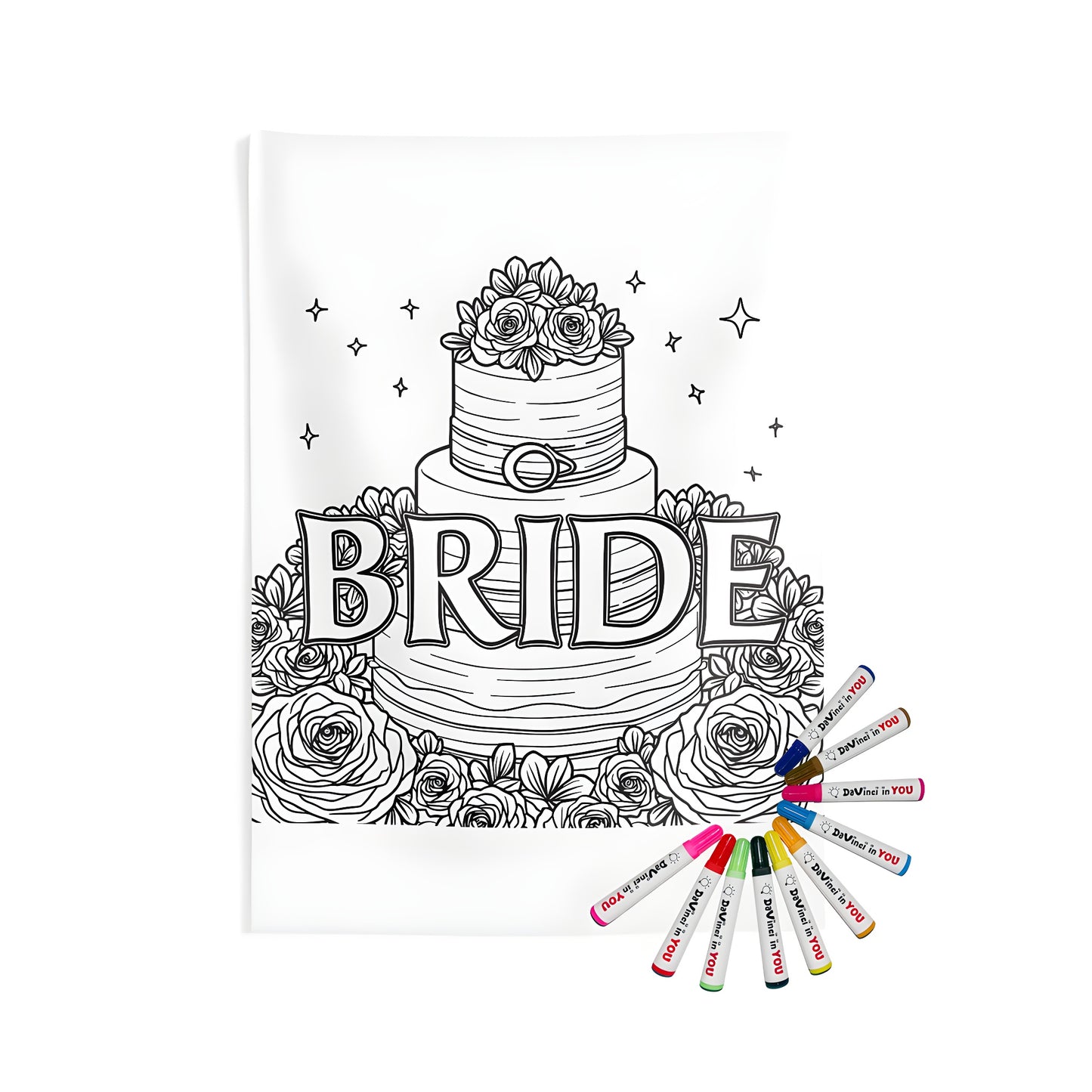 Indoor wall tapestry featuring a wedding cake design with 'BRIDE' text, floral decorations, and stars in the background. Perfect for any newlywed couple or wedding enthusiast.