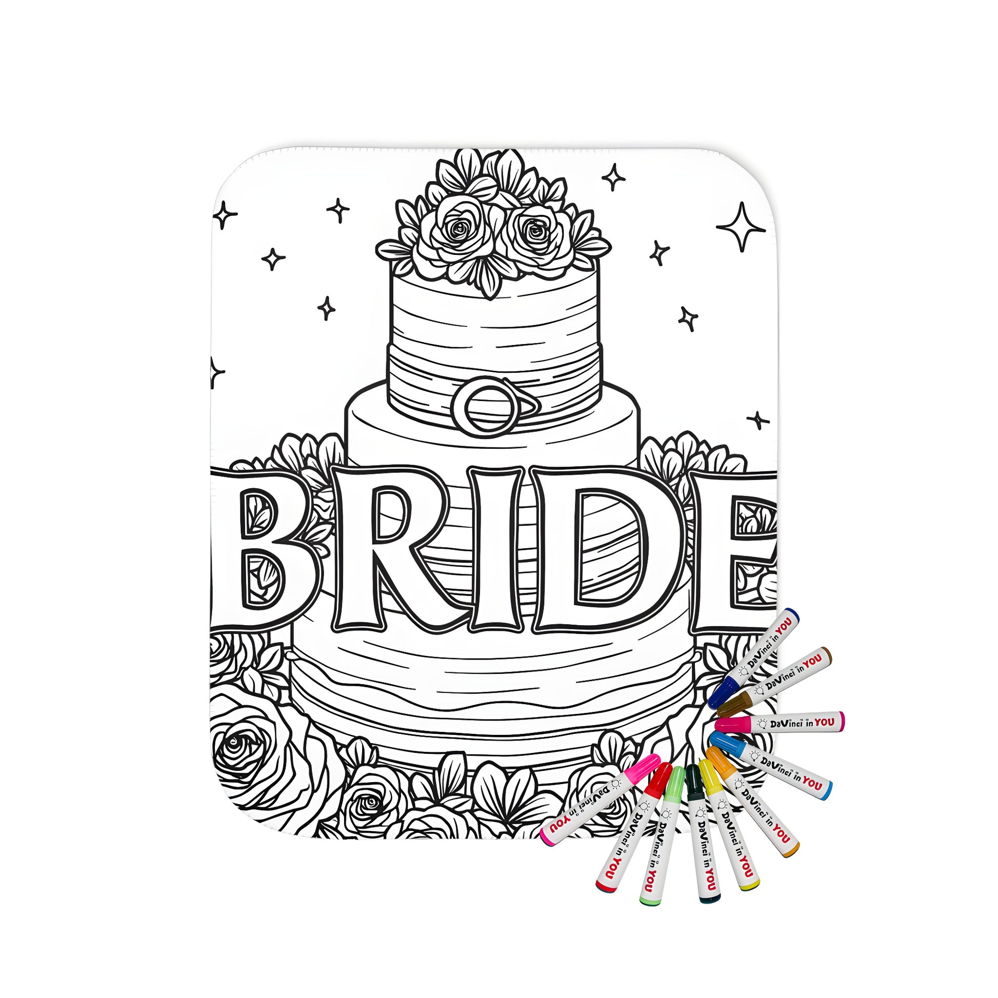 Blanket with whimsical coloring page-inspired design featuring bride cake, floral decorations and stars