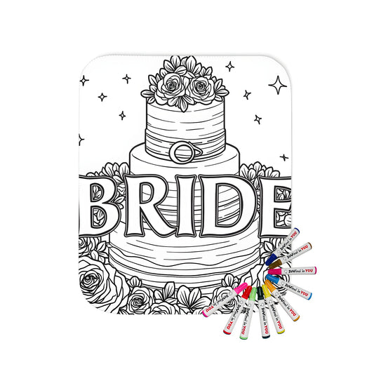 Blanket with whimsical coloring page-inspired design featuring bride cake, floral decorations and stars