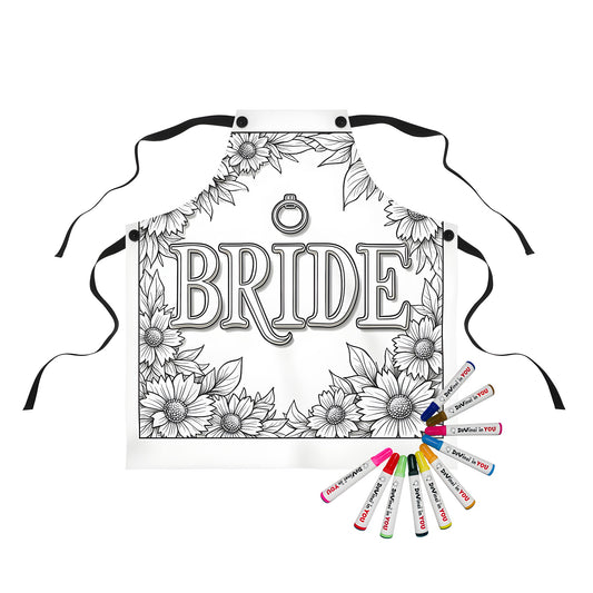 Woman's apron with bride theme, monochrome design, and colorful fabric markers