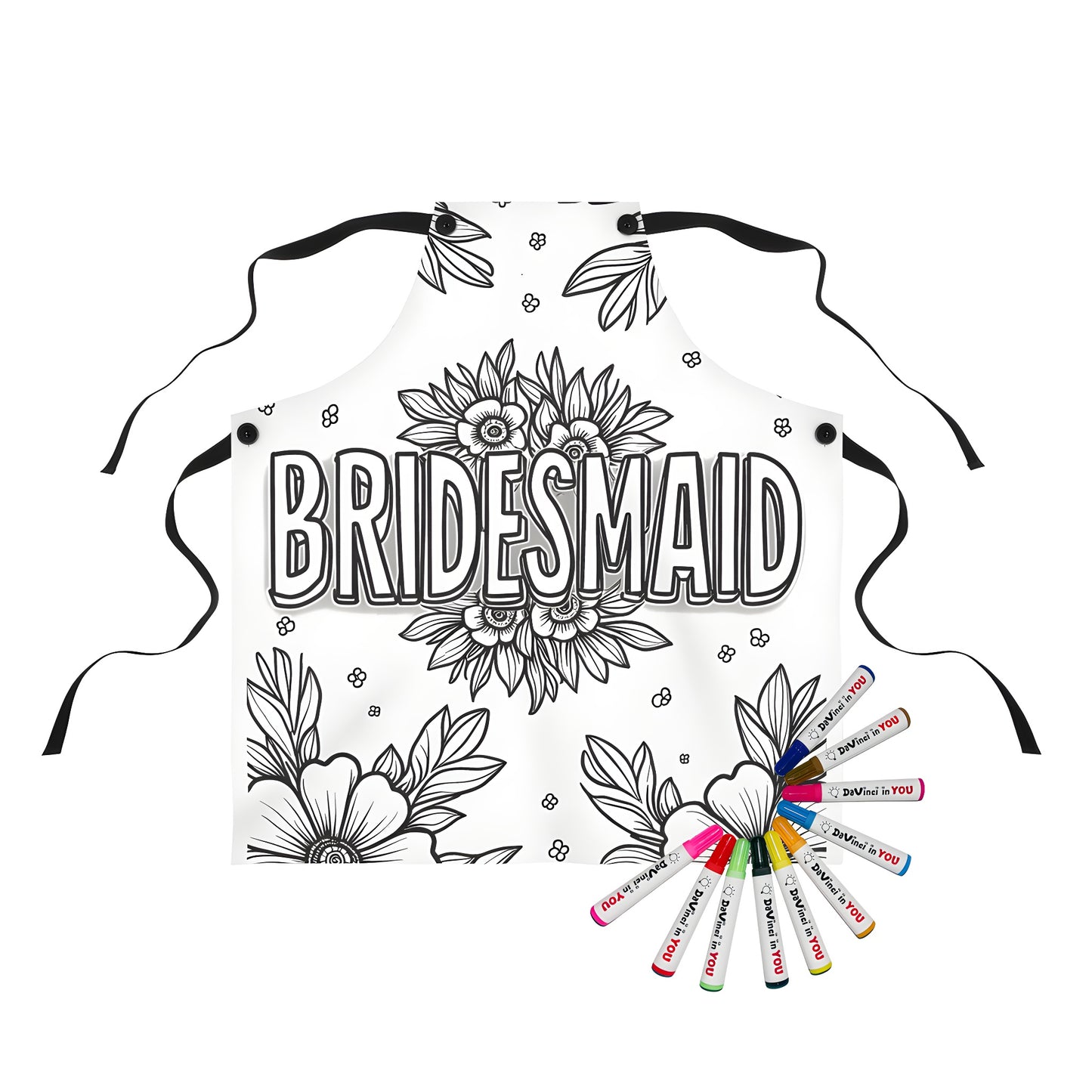 Apron with bridesmaid themed coloring kit design featuring black and white floral illustration with bold 'BRIDESMAID' letters, perfect for adult coloring books or as a unique gift for maid of honor or wedding party