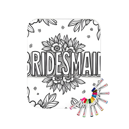 A beautiful blanket featuring a black and white floral illustration with the word 'BRIDESMAID' in bold letters, perfect for bridesmaids, maid of honor gifts, or a unique piece of home decor.