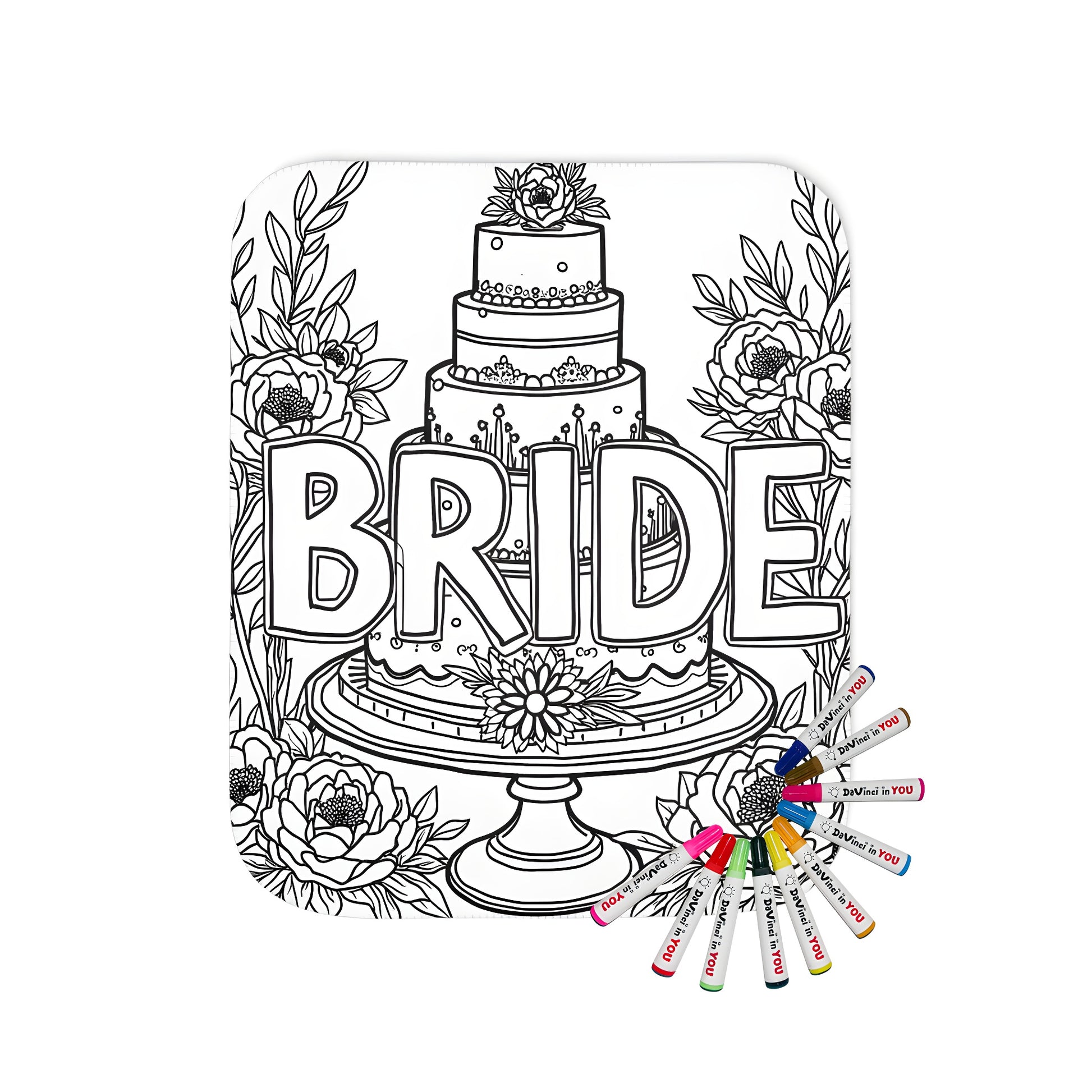 Wedding-themed coloring page blanket with bride cake design