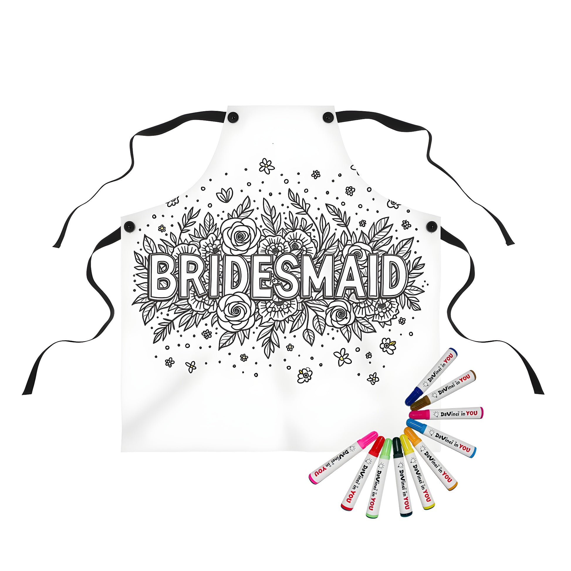 Apron with bridesmaid themed coloring page design featuring detailed line art of flowers and leaves