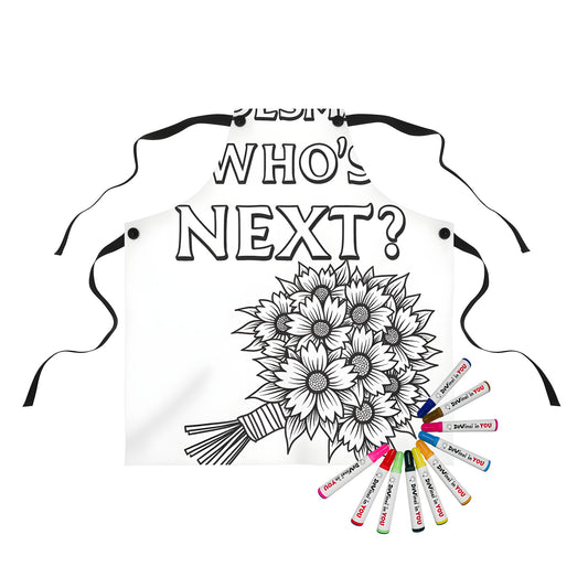 Colorful bridesmaid apron designed for wedding parties, featuring a fun and playful 'Who's Next?' bouquet coloring page print