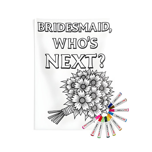 Coloring page wall tapestry for bridal party decor, featuring a bridesmaids bouquet and whimsical illustration