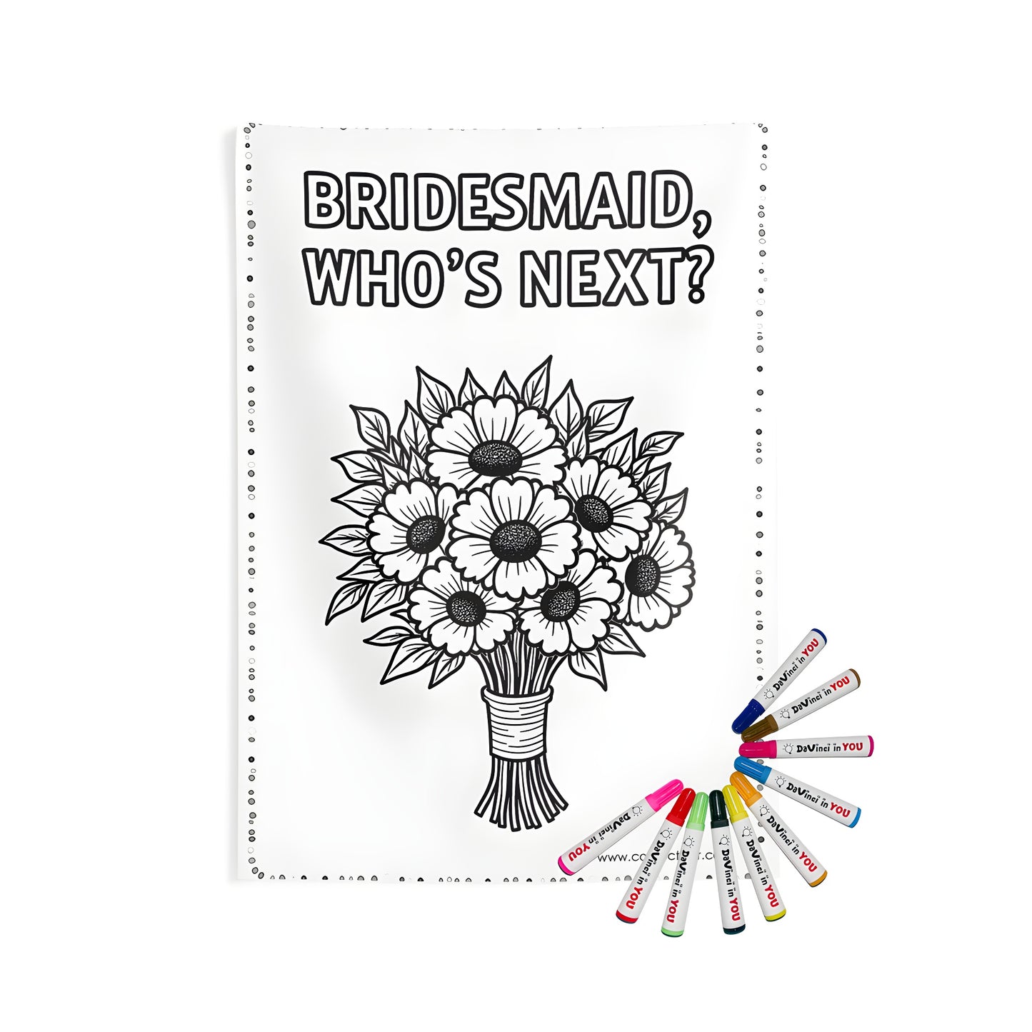 Wall tapestry featuring a black and white bouquet of daisies design with 'BRIDESMAID, WHO'S NEXT?' phrase, perfect for any maid of honor or bridesmaid gift