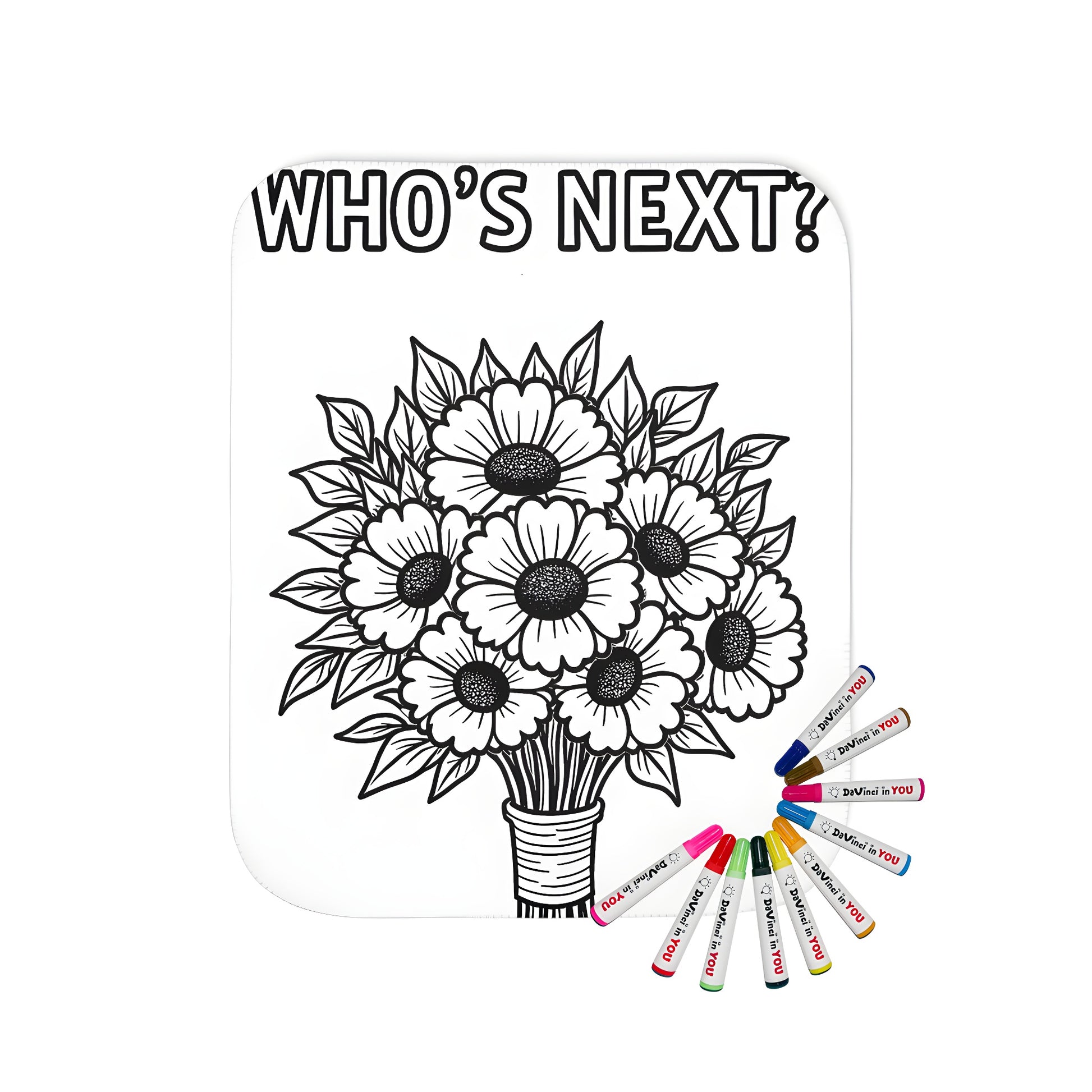 Blanket with bride's maid of honor coloring page design, featuring black and white daisies and phrase 'BRIDESMAID, WHO'S NEXT?'