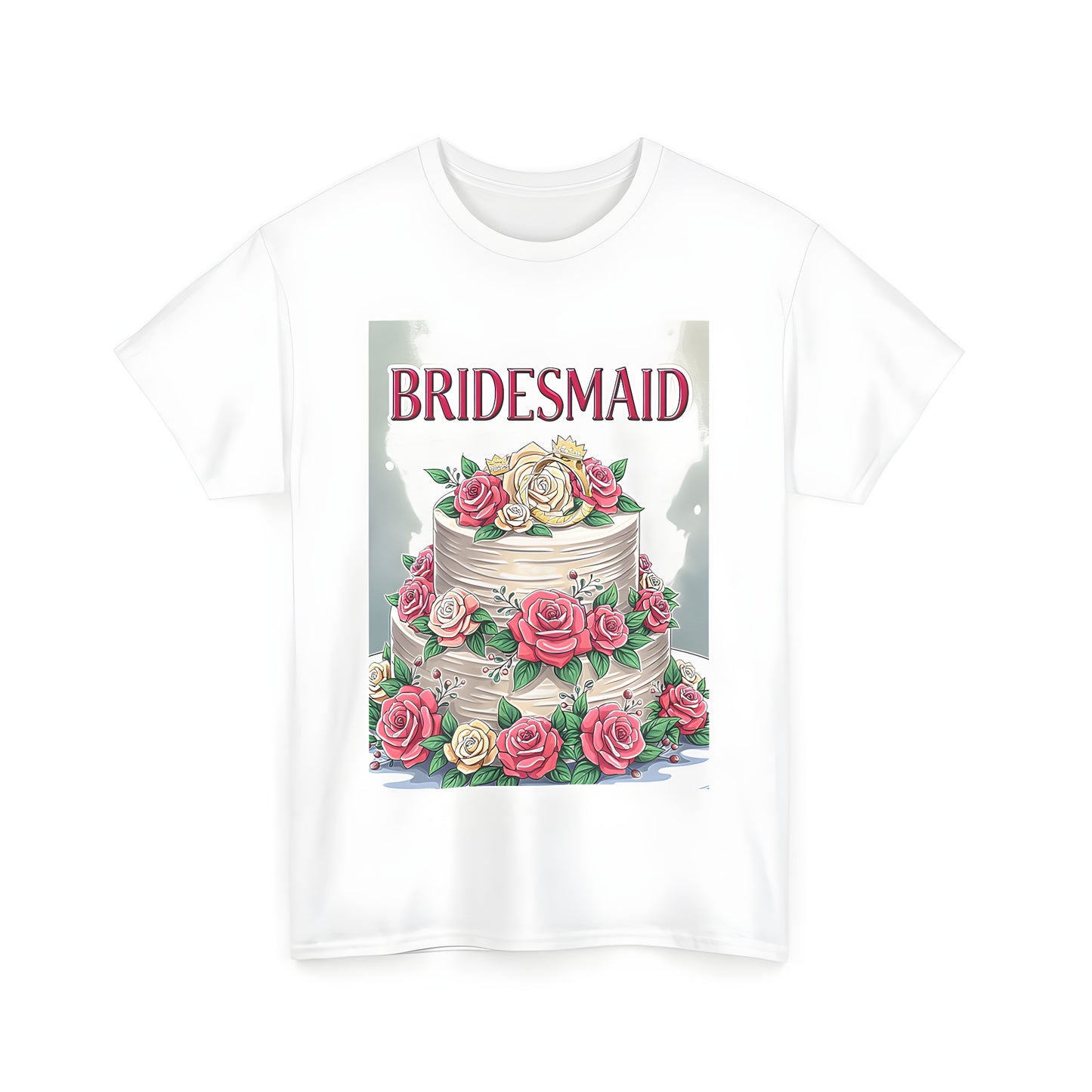 Unisex t-shirt featuring a colorful wedding cake design with pink roses and gold crowns, 'BRIDESMAID' text at the top