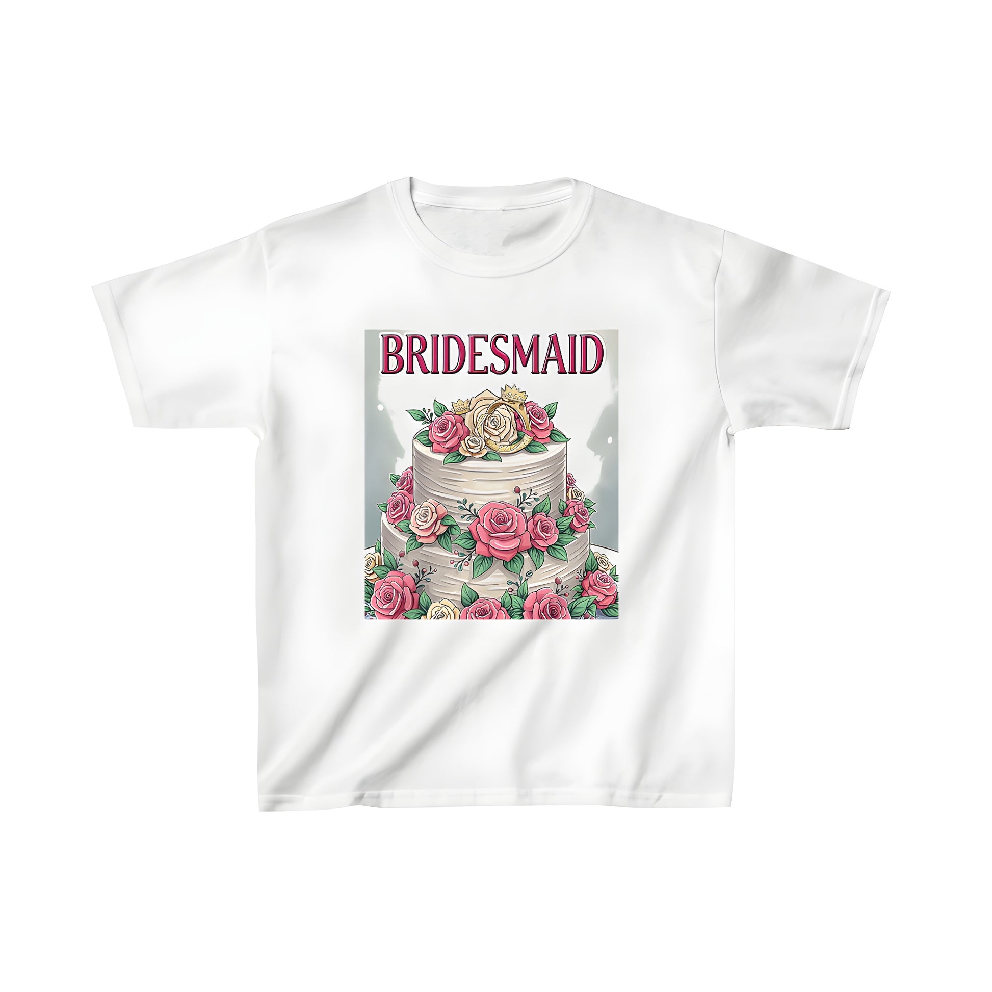 Kid's Wedding Cake Design T-Shirt with Pink Roses and Gold Crowns, 'BRIDESMAID' Text - Soft, Comfy Kids Clothing