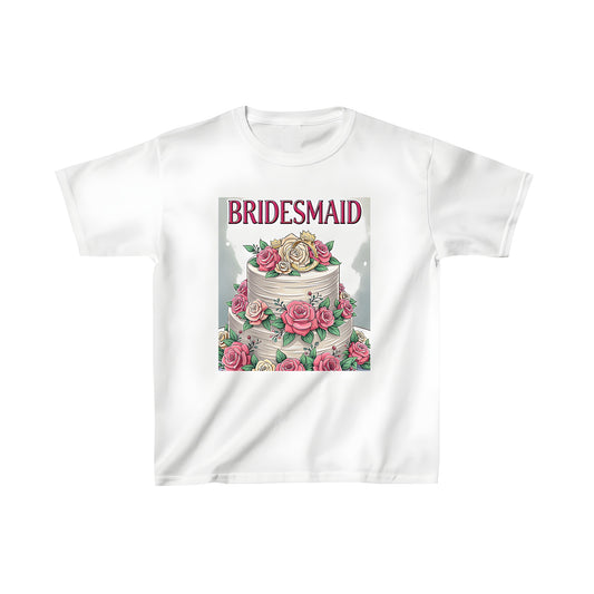 Kid's Wedding Cake Design T-Shirt with Pink Roses and Gold Crowns, 'BRIDESMAID' Text - Soft, Comfy Kids Clothing