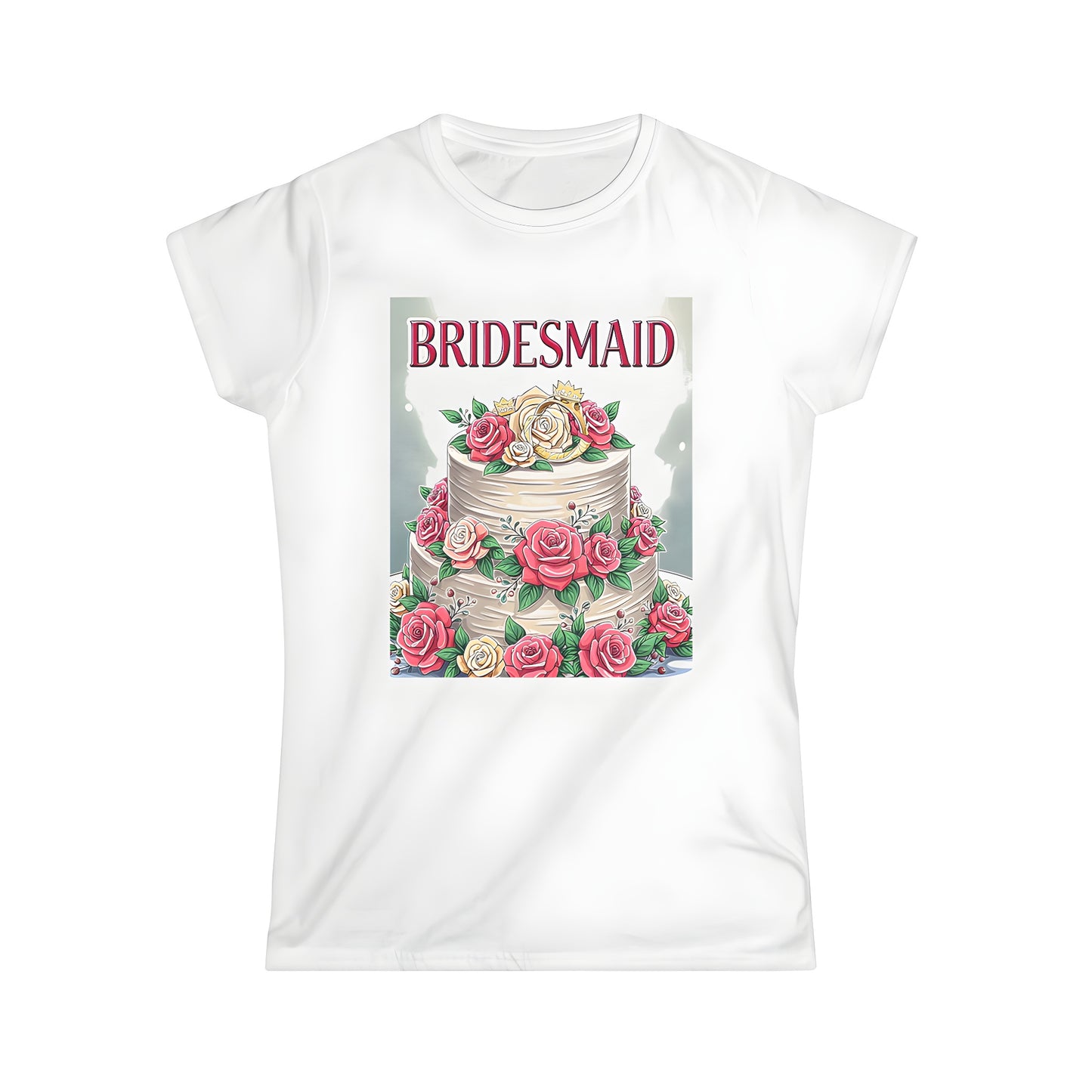 Women's T-shirt featuring colorful cake design with pink roses and gold crowns, perfect for bridesmaids or wedding season