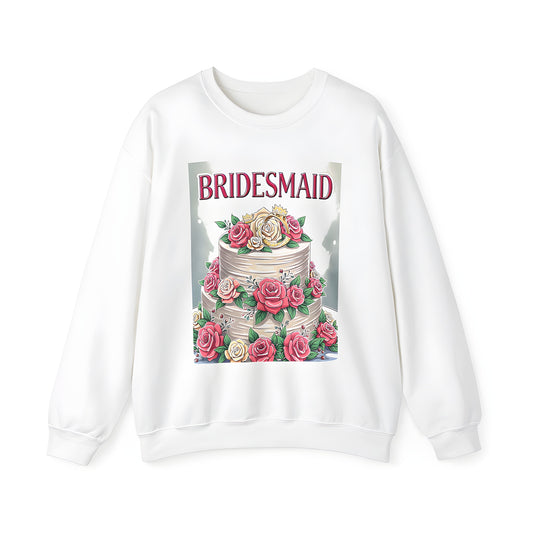 Adult Sweatshirt with Bridesmaid Wedding Cake Design, Colorful Pink Roses and Gold Crowns