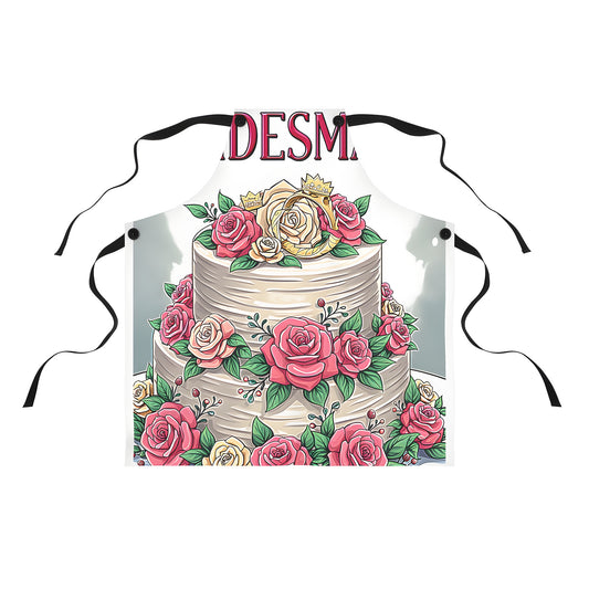 Colorful bridesmaid cake design apron featuring pink roses and gold crowns