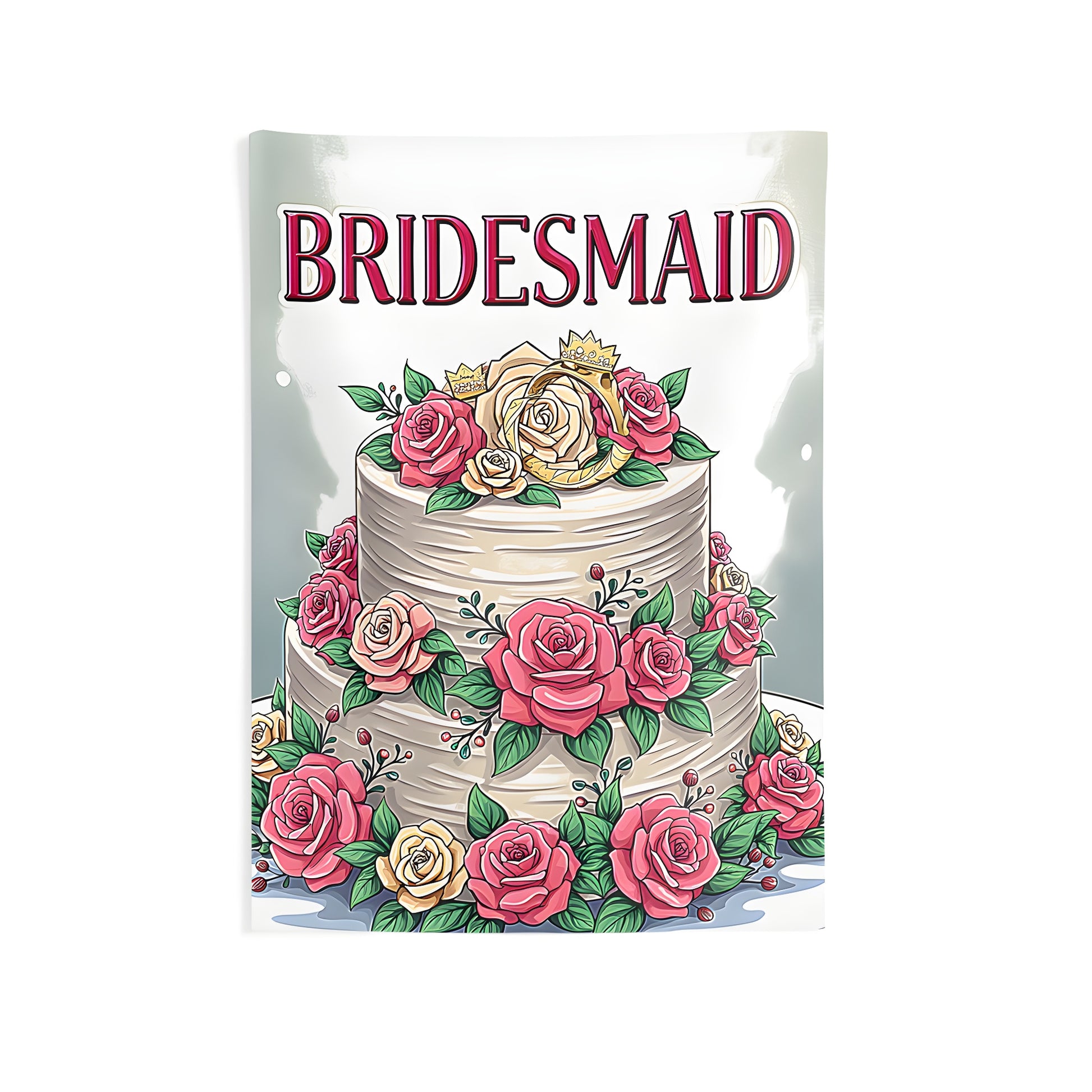 Colorful indoor wall tapestry featuring a beautiful wedding cake adorned with pink roses and gold crowns, perfect for any bride's maid or bridesmaid gift. Also known as: Maid of Honor Wall Hanging, Bridesmaids Decor, Wedding Party Tapestry.