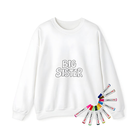 Adult sweatshirt with fun and playful 'Big Sister' design, perfect for siblings. Black and white coloring page inspired apparel.