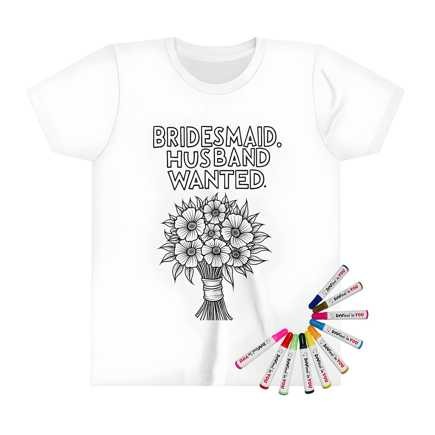 Colorful kid's t-shirt with a whimsical flower arrangement and playful wedding phrase