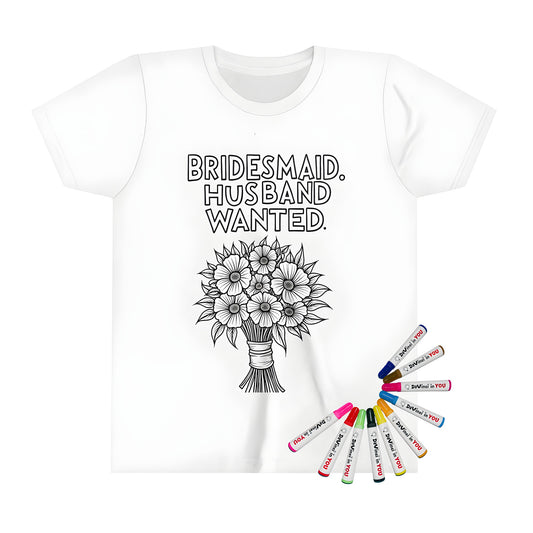 Colorful kid's t-shirt with a whimsical flower arrangement and playful wedding phrase