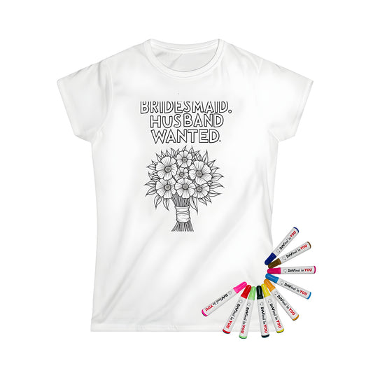 Women's t-shirt with colorful bouquet design and flower illustration, featuring bold typography